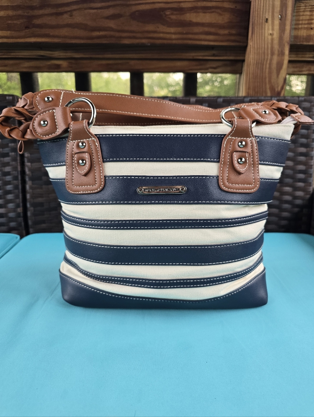 Stone Mountain Navy & Cream Striped Tote with Brown Trim